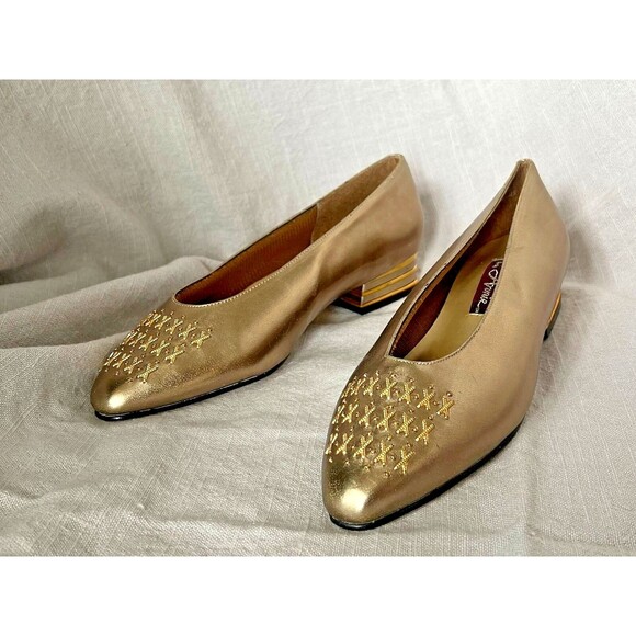 vtg 80 Annie gold slip on loafer block heel pump shoes xoxo metallic retro 7M - Picture 2 of 9